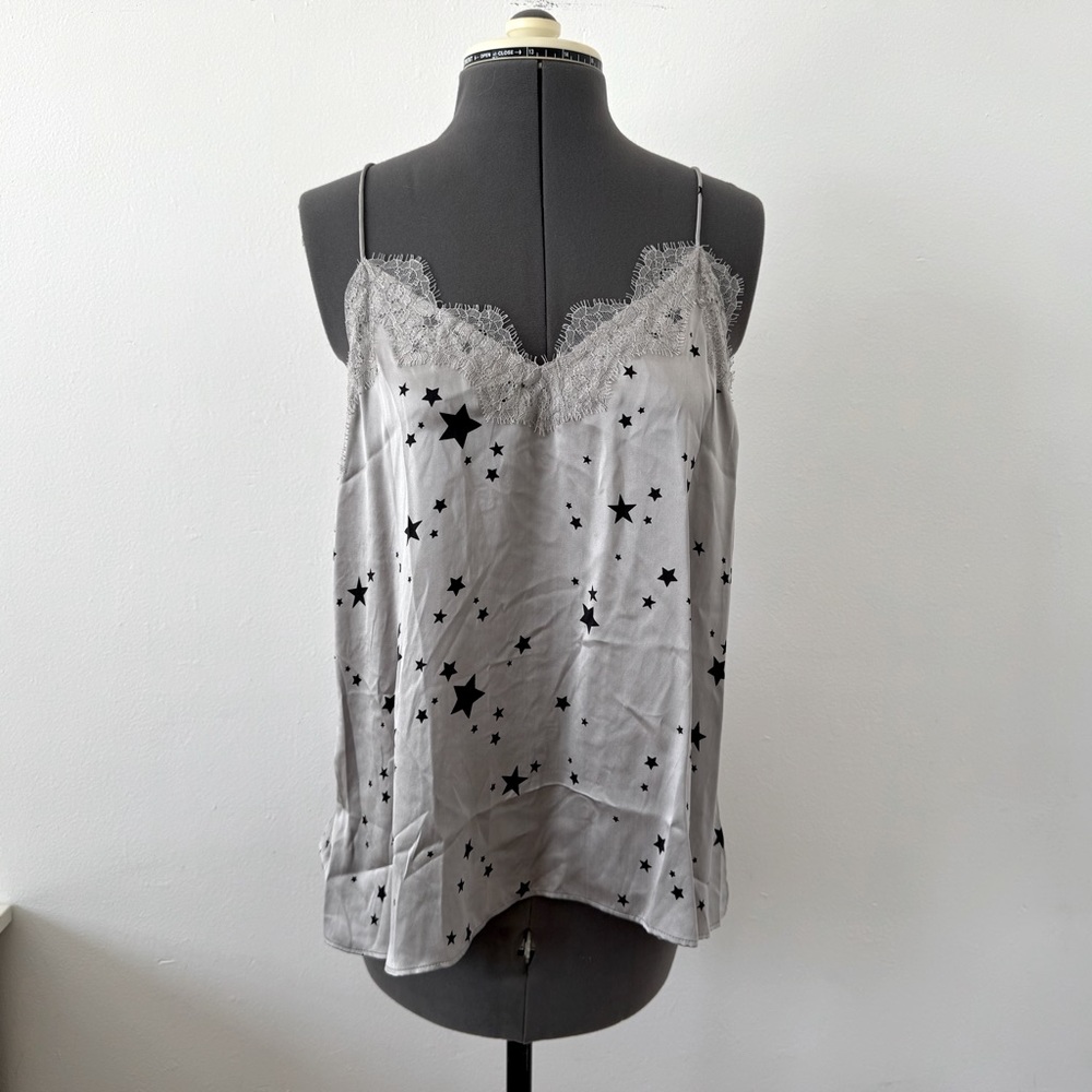 Cami NYC Star Print Lace Trim 100% Silk Cami Top sz L